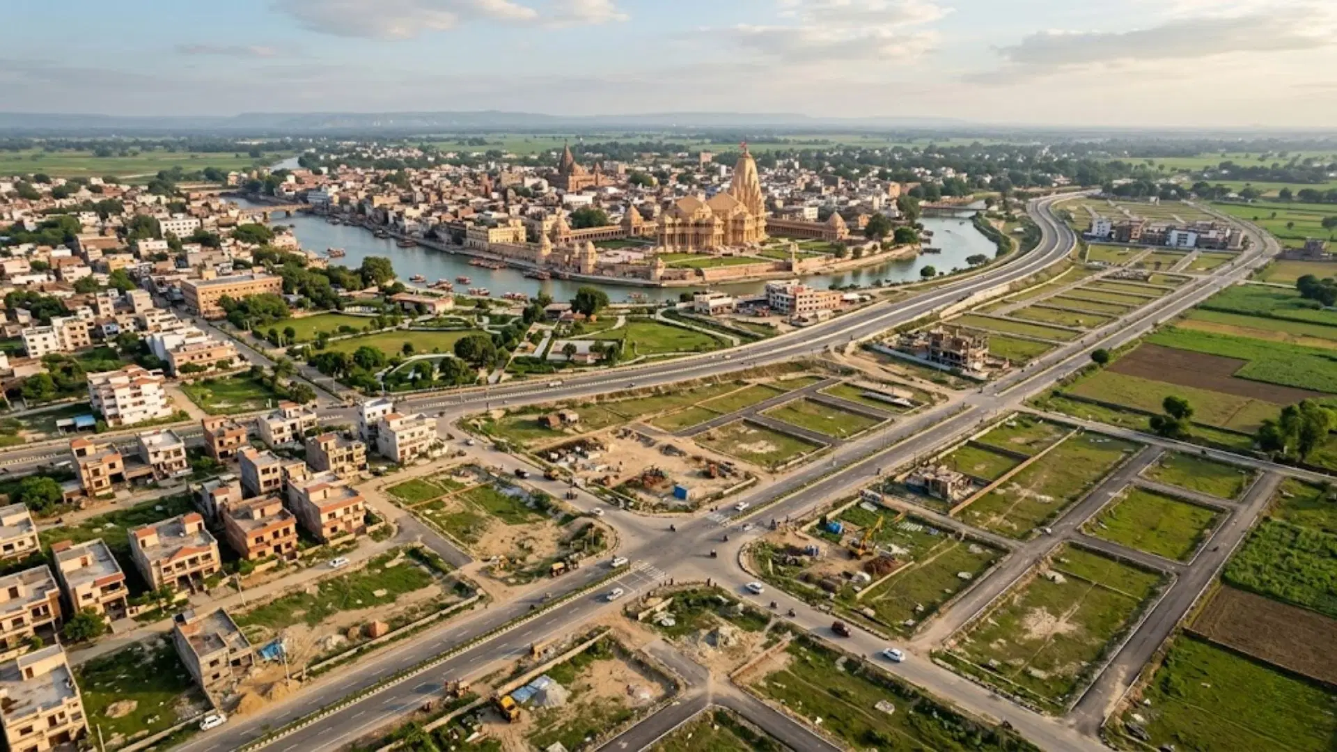 Aerial view of Ayodhya with temple landmarks, wide roads and plotted developments, showing rising buyer interest in real estate plots.
