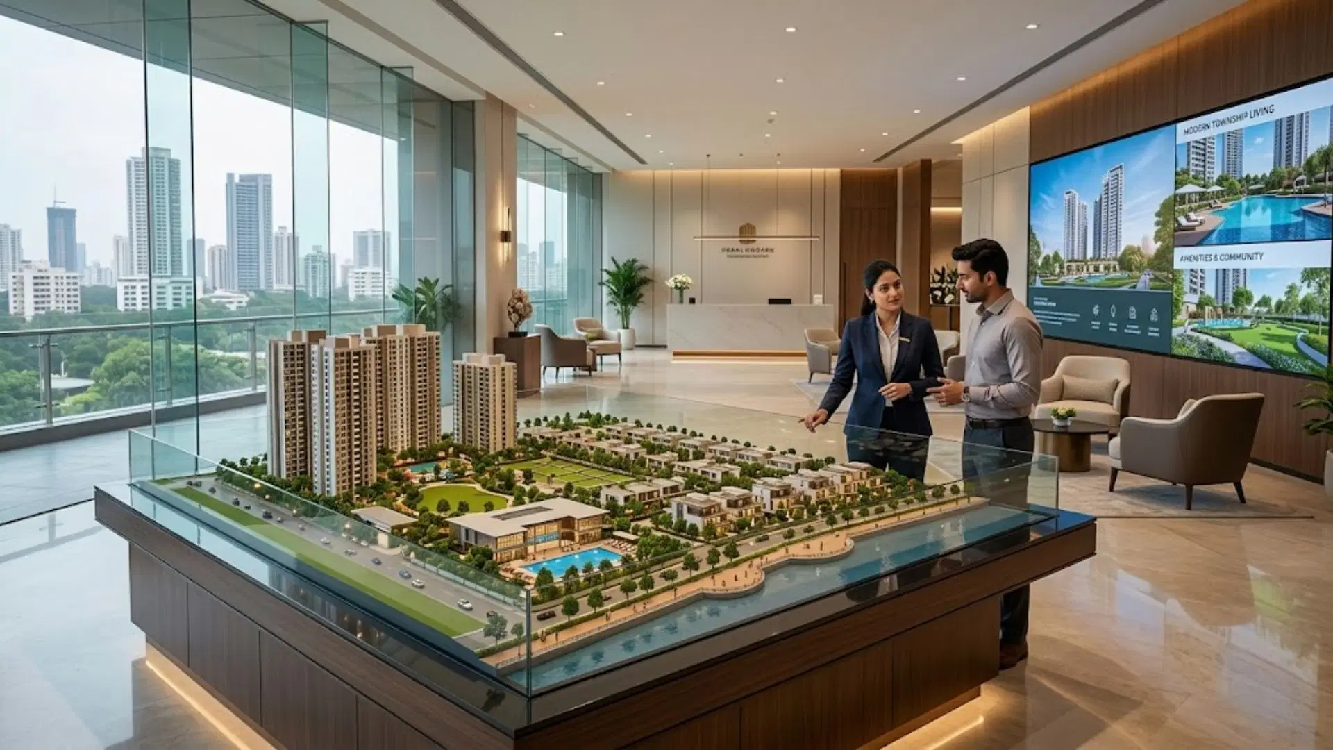 Real estate consultant showcasing a master-planned residential community model in a branded real estate development sales office.
