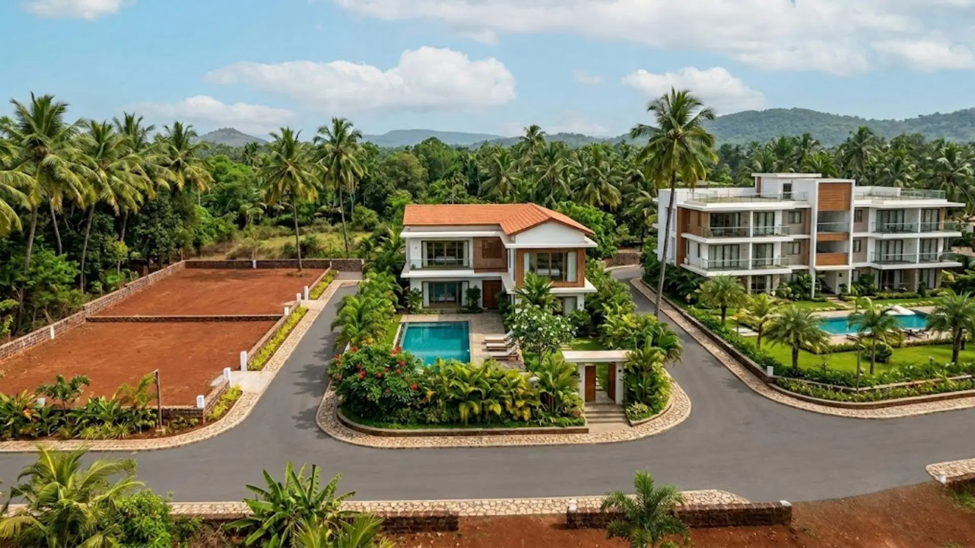Land, villa and apartment options in Goa, surrounded by palm trees and green hills.