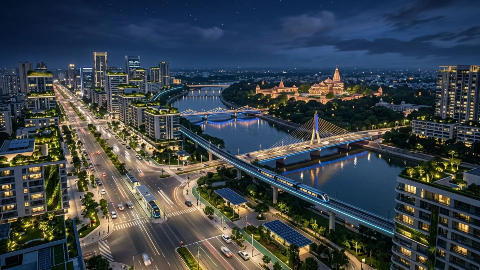 Modern city skyline at night with illuminated bridge, waterfront, high-rise buildings and busy urban roads