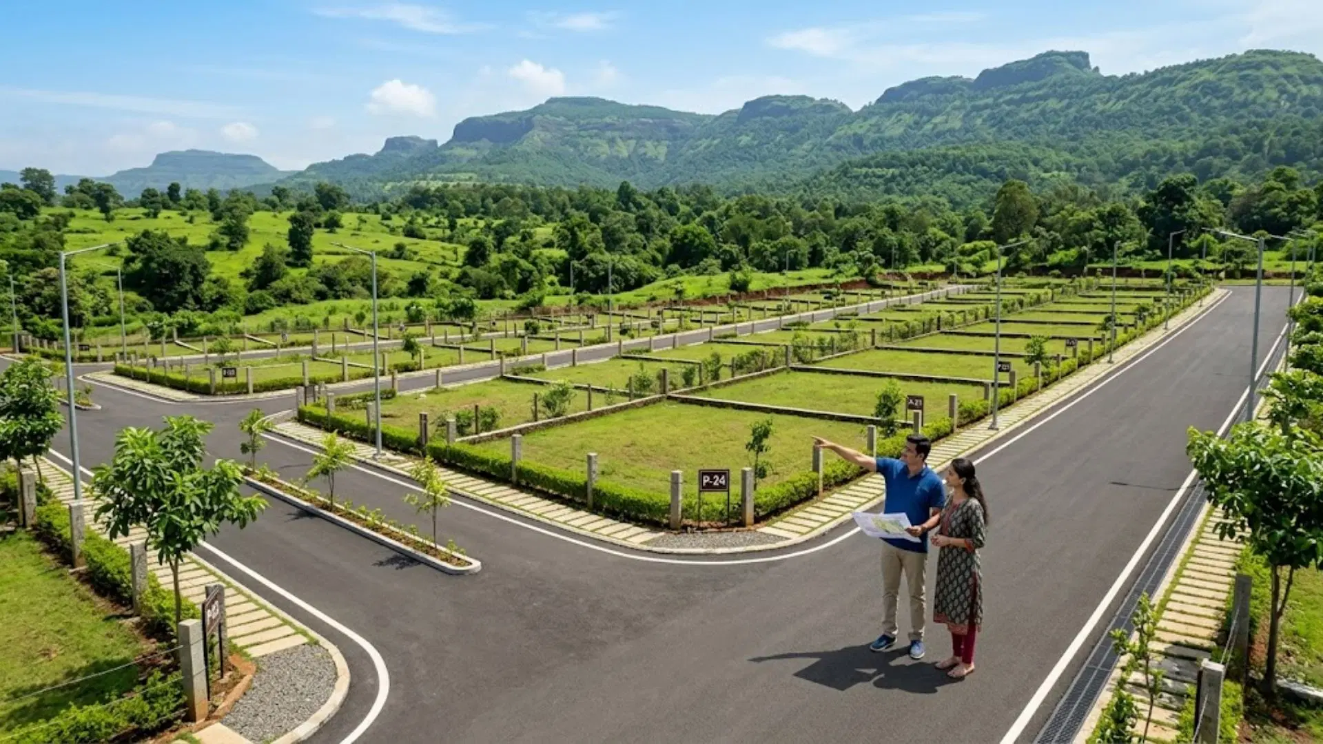 Buyers reviewing a plotted development in Neral with internal roads, marked plots and green hills, highlighting what to check before shortlisting land.