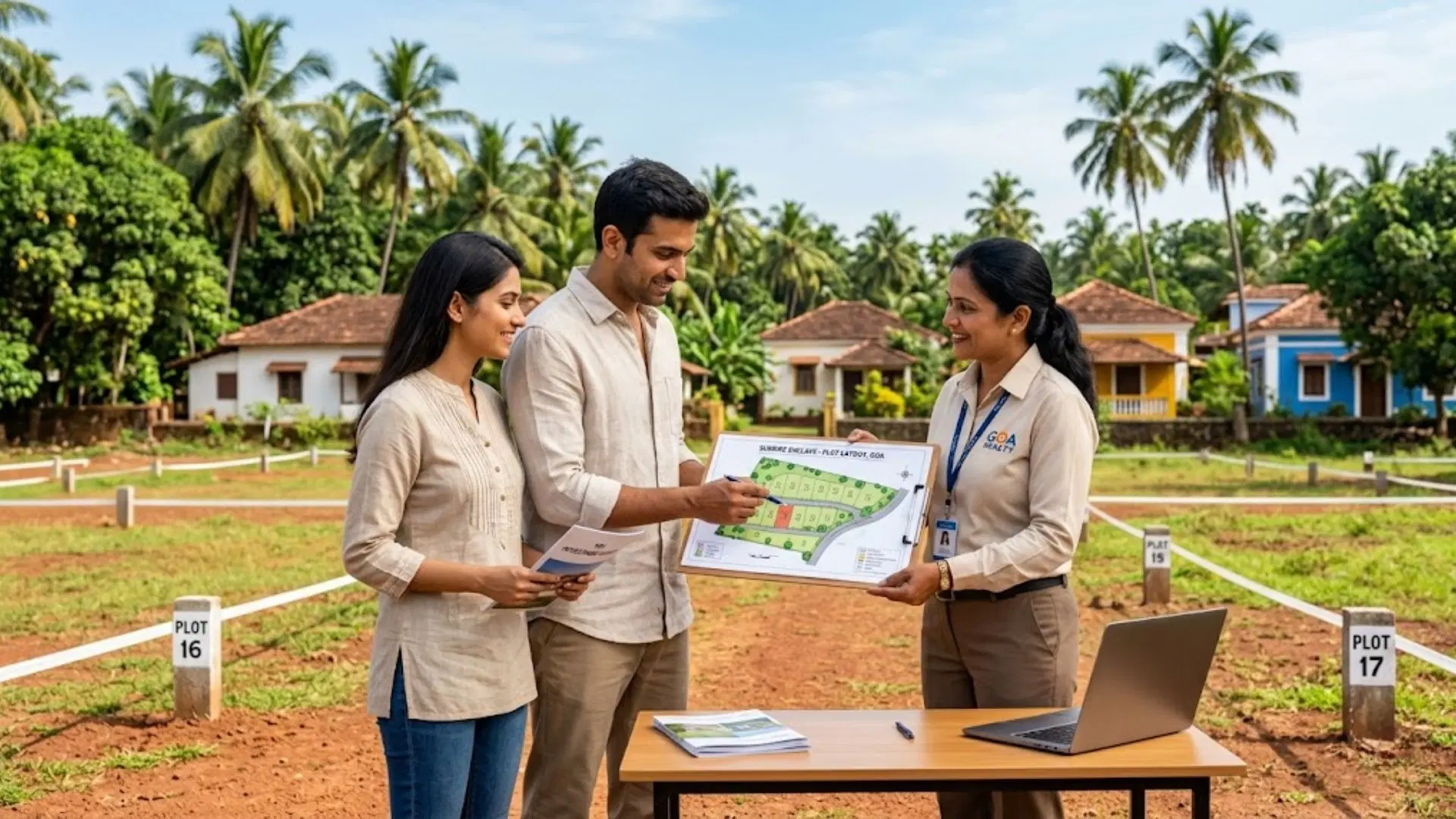 NRI buyers reviewing a plot layout with a sales advisor at a plotted land site in Goa, surrounded by palm trees and villas.