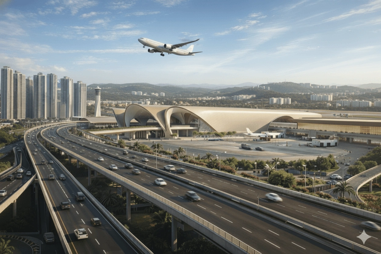 Modern airport terminal with an airplane flying overhead, highways, vehicles and city skyline in the background.