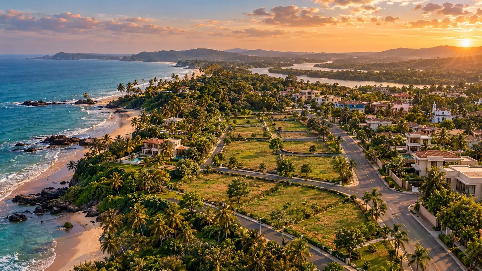 Aerial view of North Goa coastline with beaches, palm trees and residential development