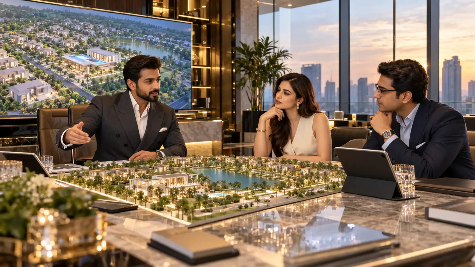 Real estate consultants discussing a premium plotted development with buyers using a scale model and digital masterplan in a luxury sales office.