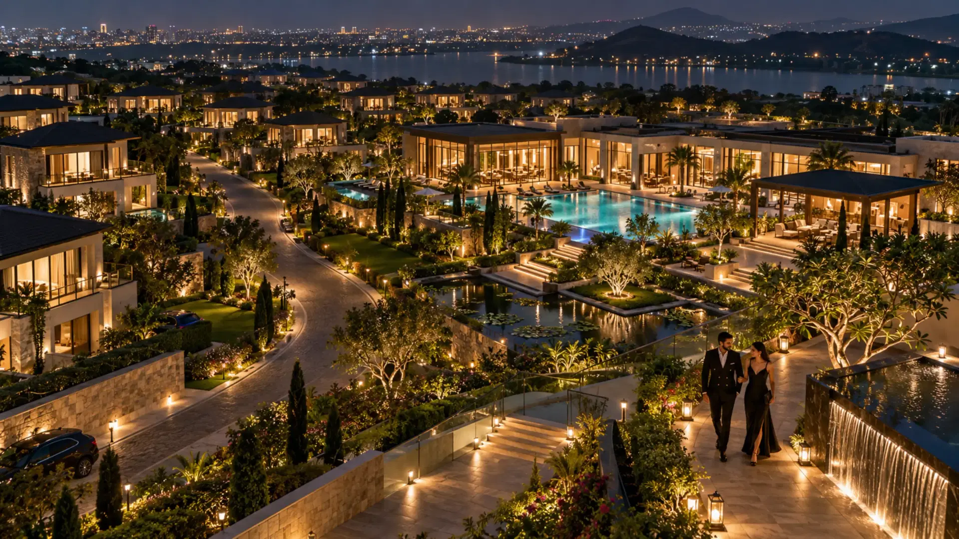 Luxury estate villa community in India with landscaped gardens, private villas, clubhouse, swimming pool, and waterfront views at night.