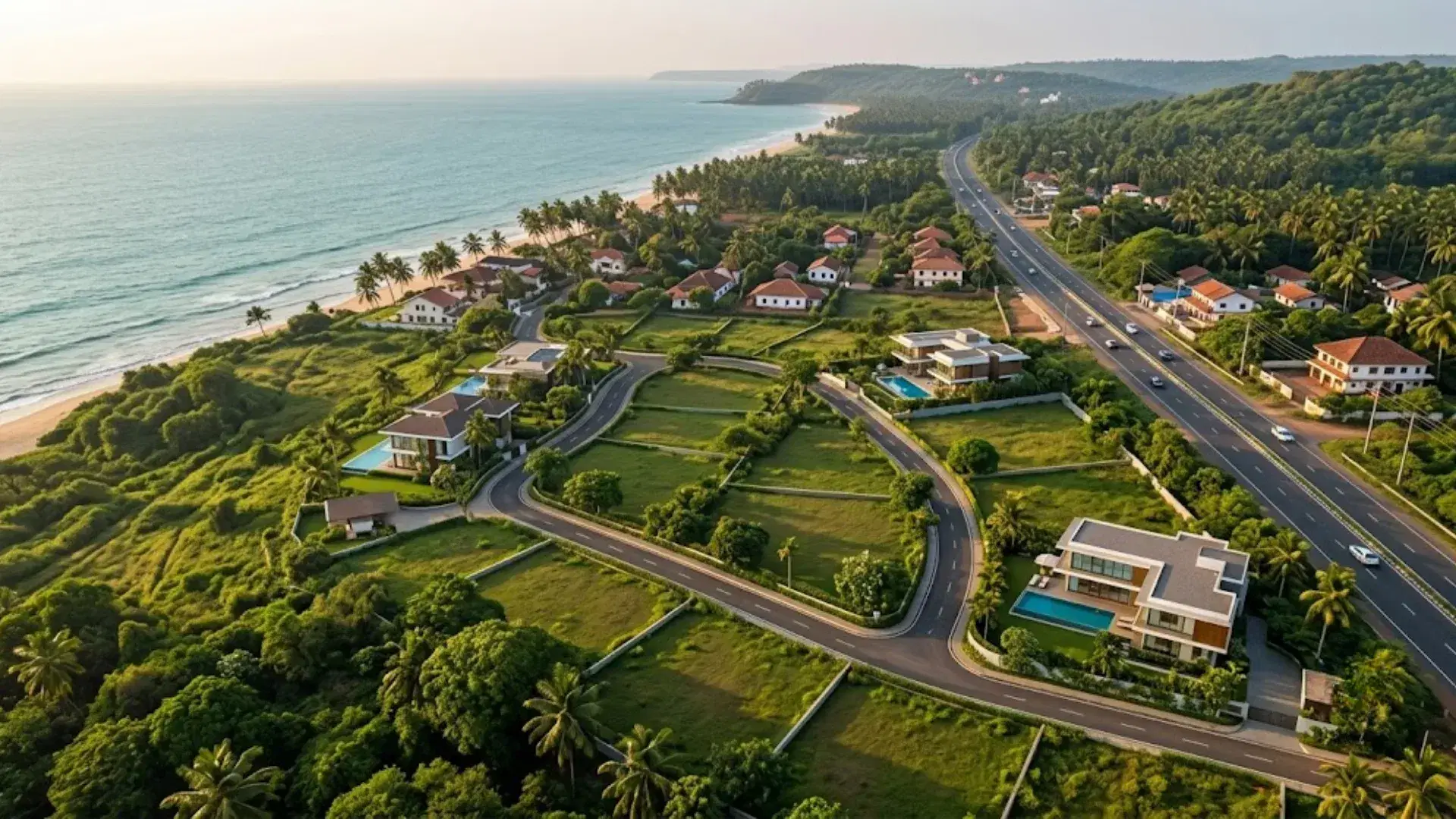 Aerial view of Goa coastline with residential plots, roads and greenery