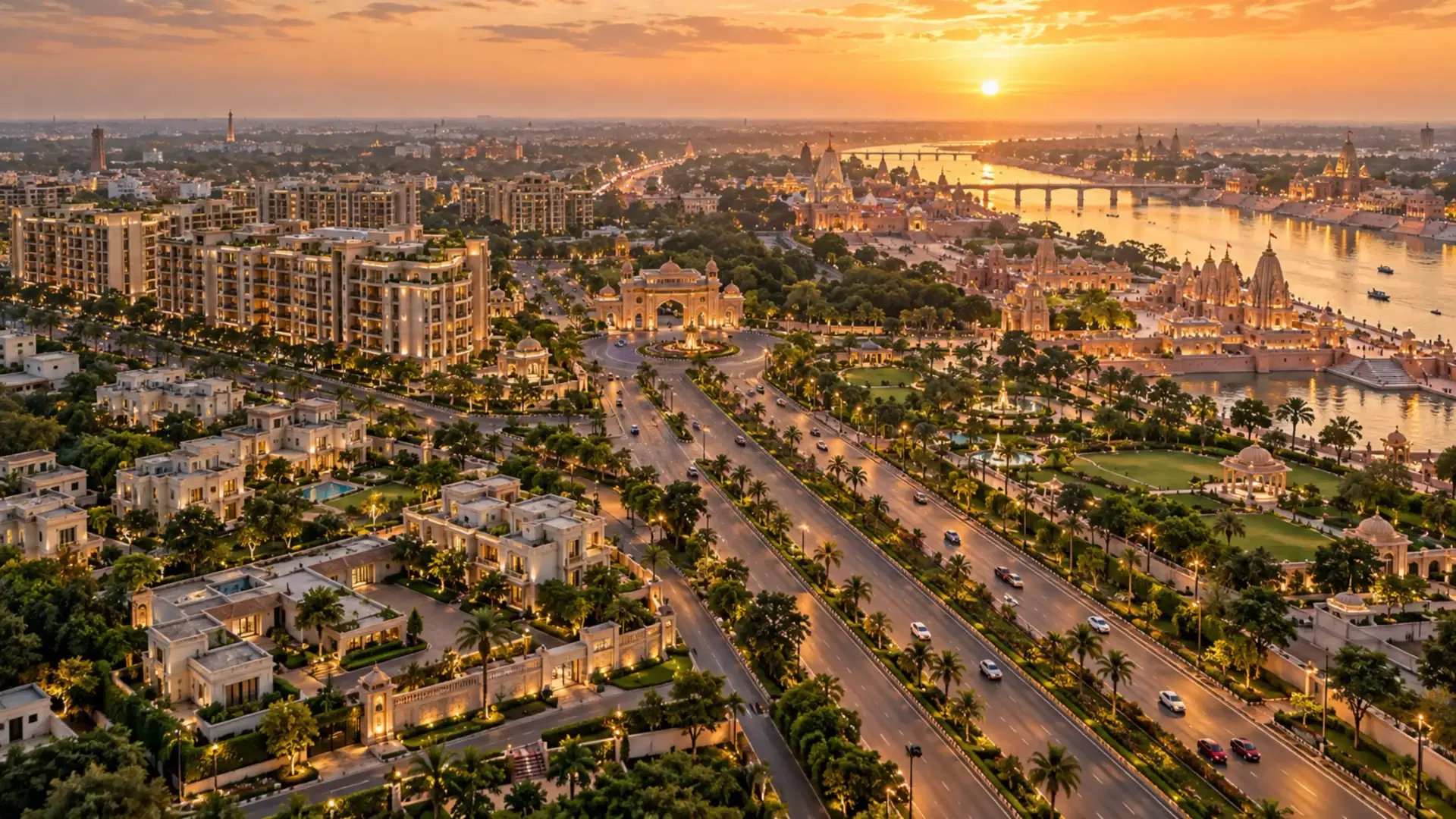 Aerial view of Ayodhya showing residential developments, wide roads, riverfront areas, temples, and planned urban infrastructure at sunset.