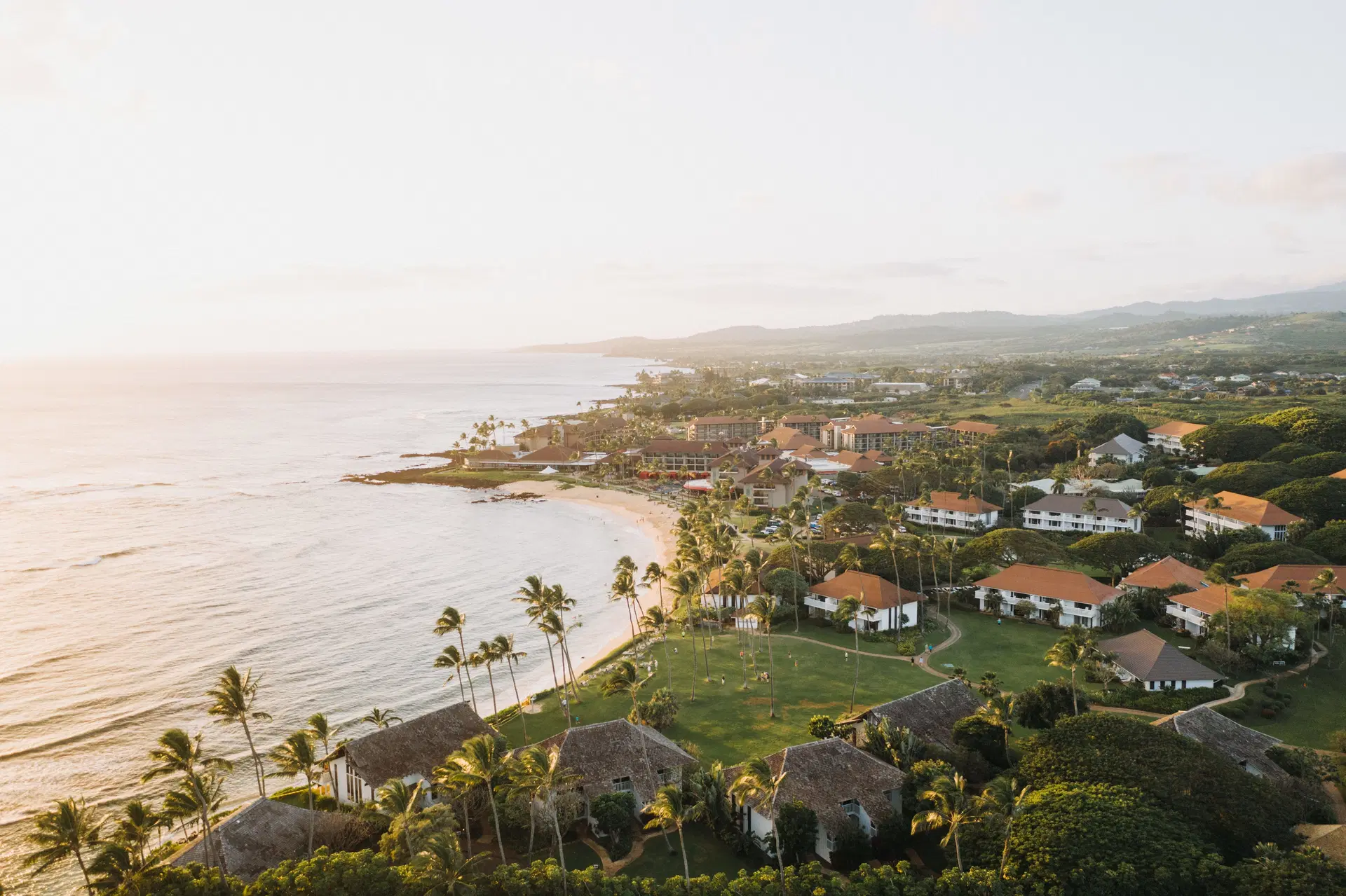 Aerial view of a coastal resort with palm trees, beach, sea and hillside landscape in the background.