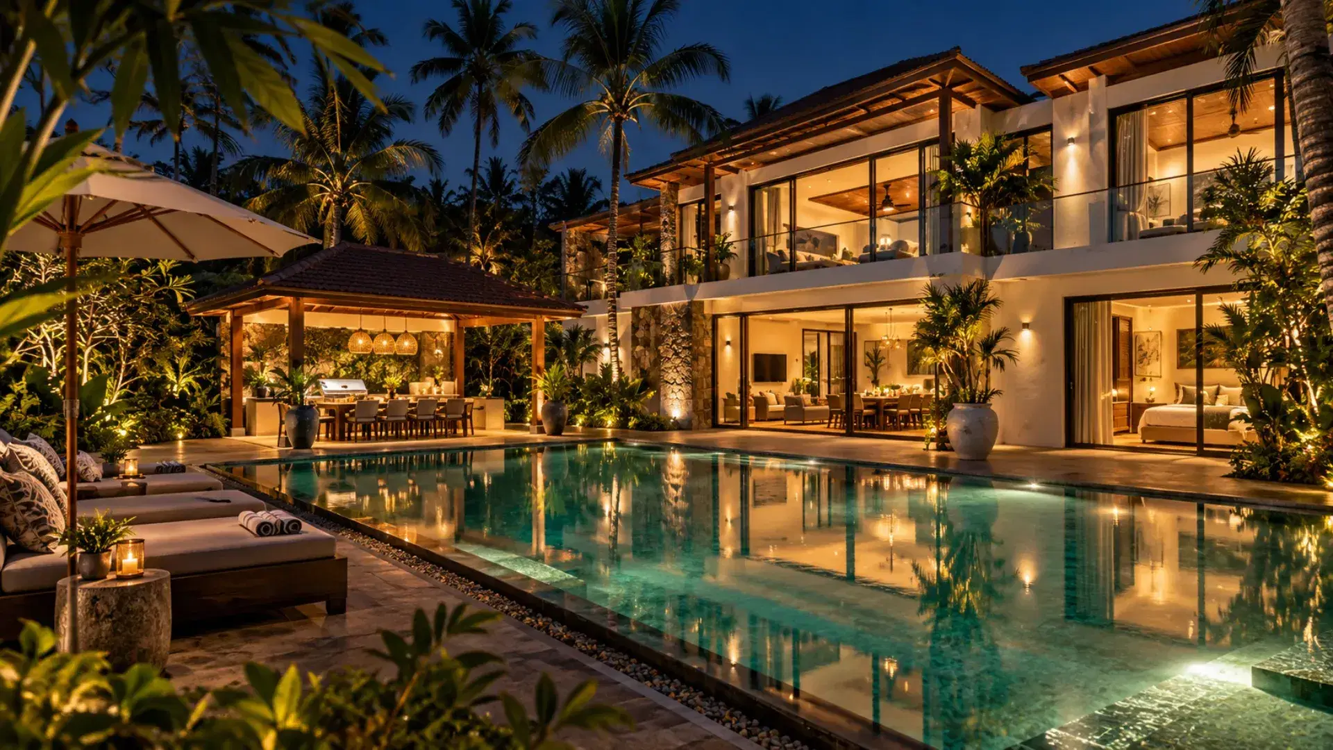 Luxury villa in Goa with a private swimming pool, landscaped garden and outdoor living area
