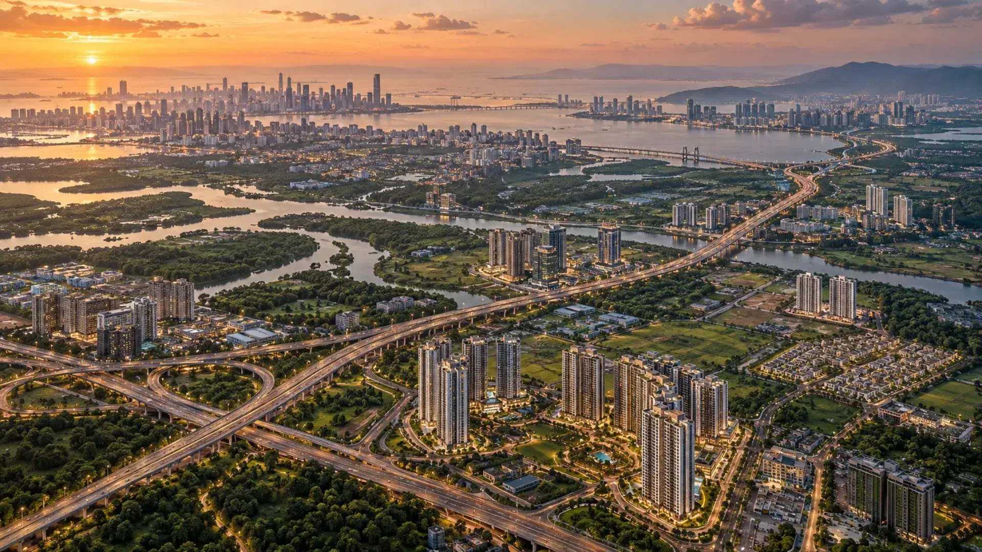 Aerial view of Mumbai Metropolitan Region showing urban development, roads, waterways and residential areas