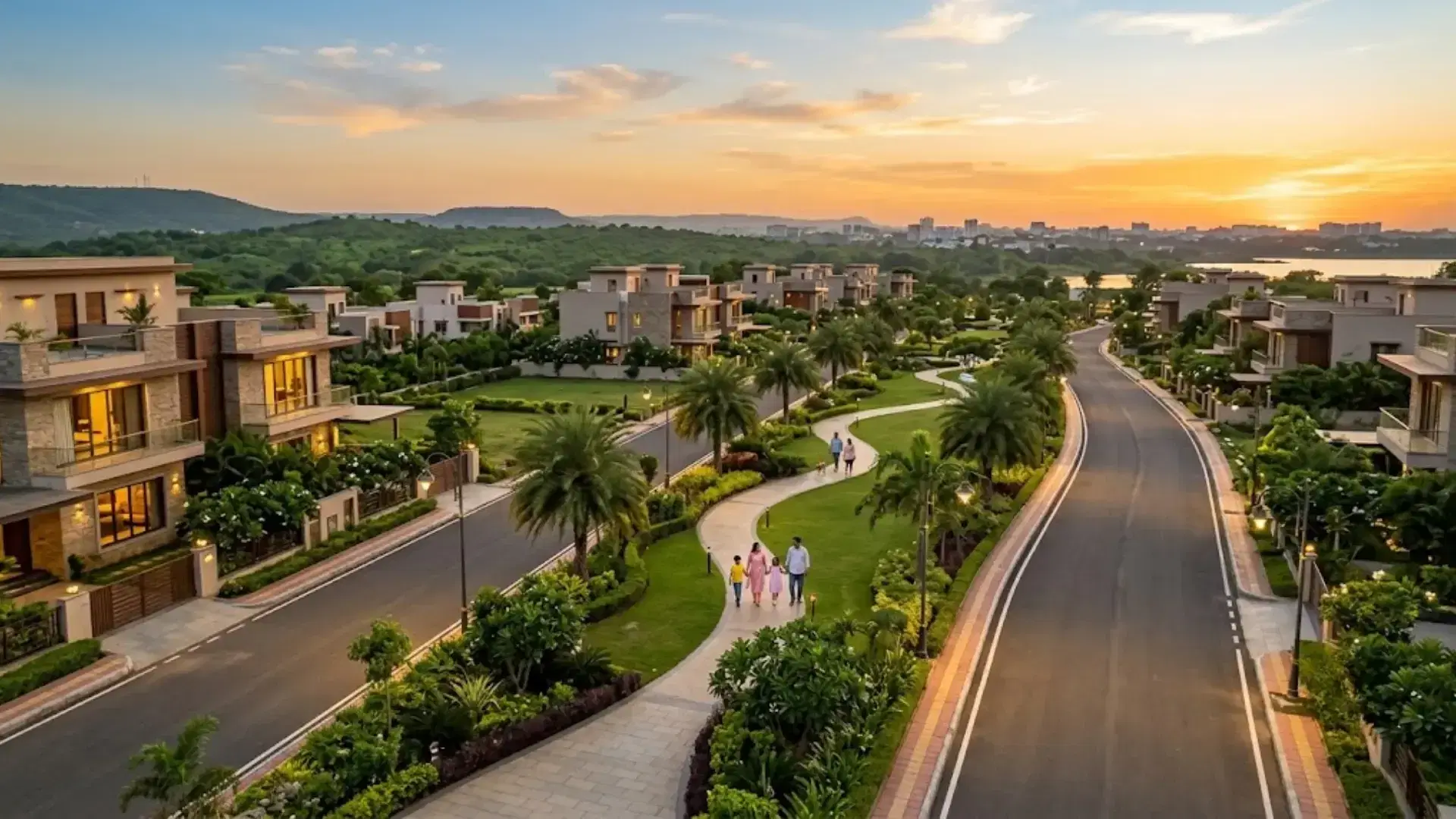 Landscaped residential development at Nagpur Marina with green spaces, walking paths and wide internal roads