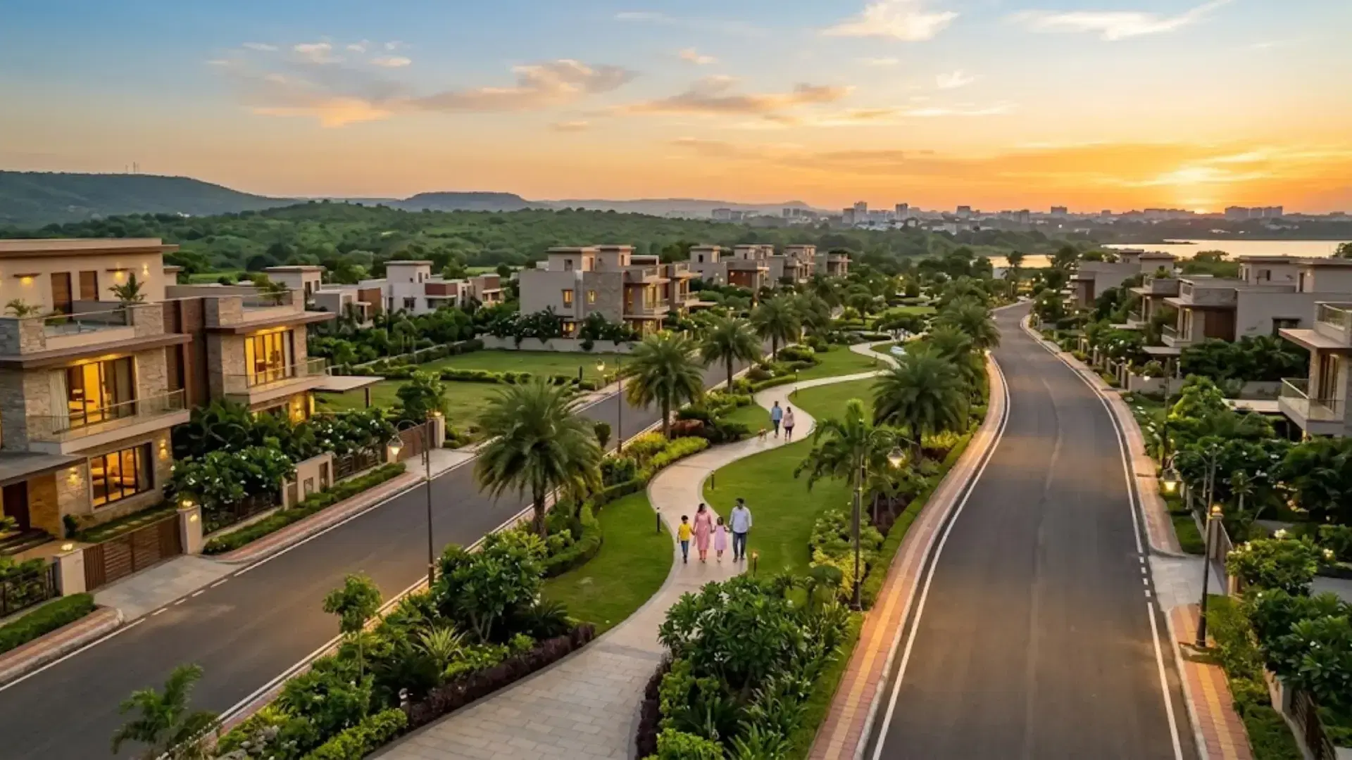 Landscaped residential development at Nagpur Marina with green spaces, walking paths and wide internal roads