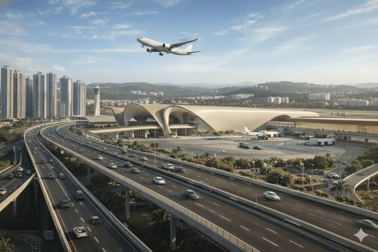 Modern airport terminal with an airplane flying overhead, highways, vehicles and city skyline in the background.