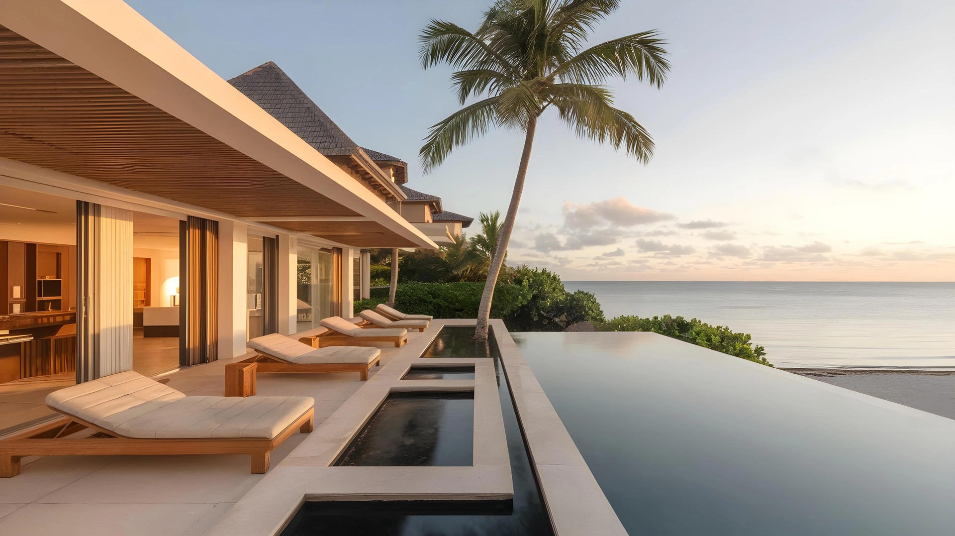 Luxury beachfront villa with an infinity pool, sun loungers, palm tree and ocean view at sunset.