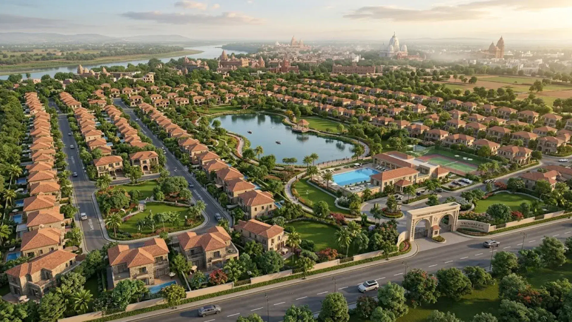 Aerial view of a planned plotted development in Vrindavan with residential plots, landscaped gardens and water features