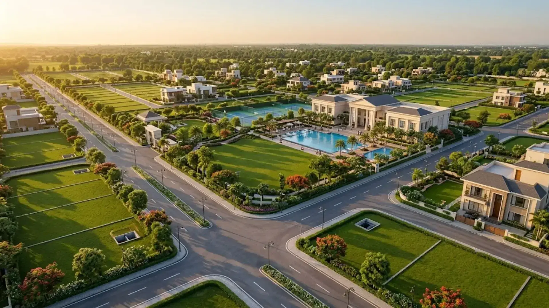 Aerial view of a gated plotted land development in India with residential plots, villas, landscaped roads, clubhouse and swimming pool.