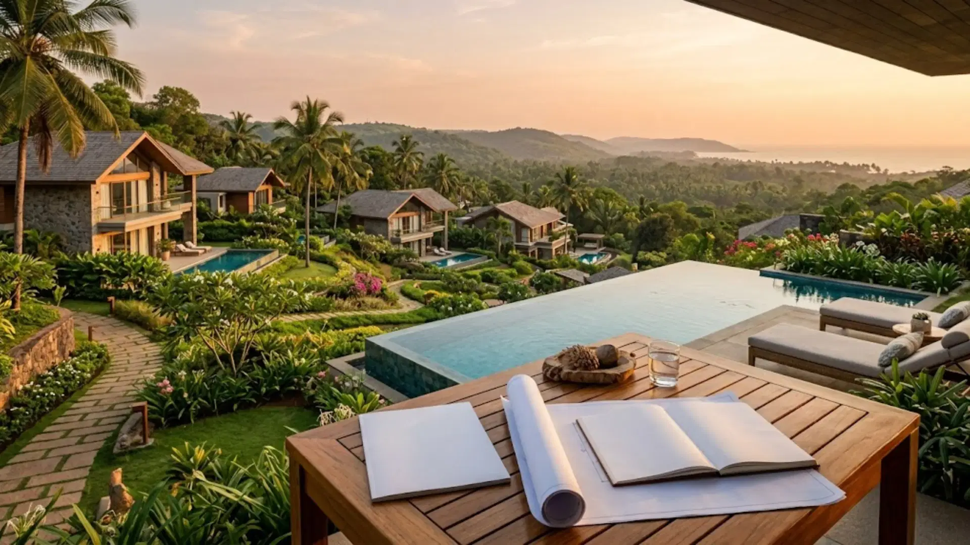 Luxury Goa villa with private pool, landscaped garden and scenic hills