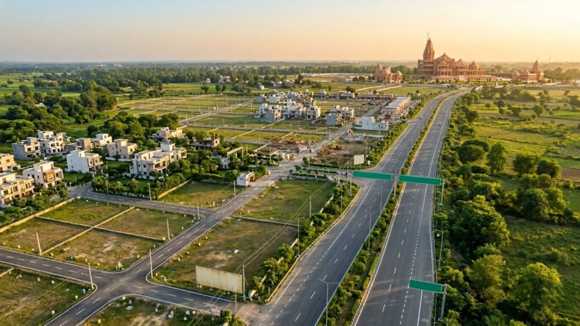 Aerial view of plotted development, wide roads and a temple complex in Ayodhya, showing how temple tourism is driving property demand beyond the main city.