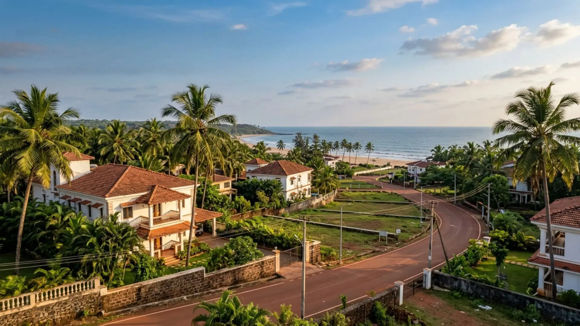 Coastal villas, palm trees and a beachside road in Goa, representing popular locations to buy property in Goa.