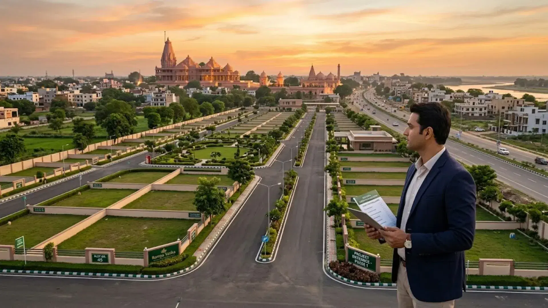 Buyer reviewing plotted land in Ayodhya with internal roads, residential plots and temple landmarks in the background