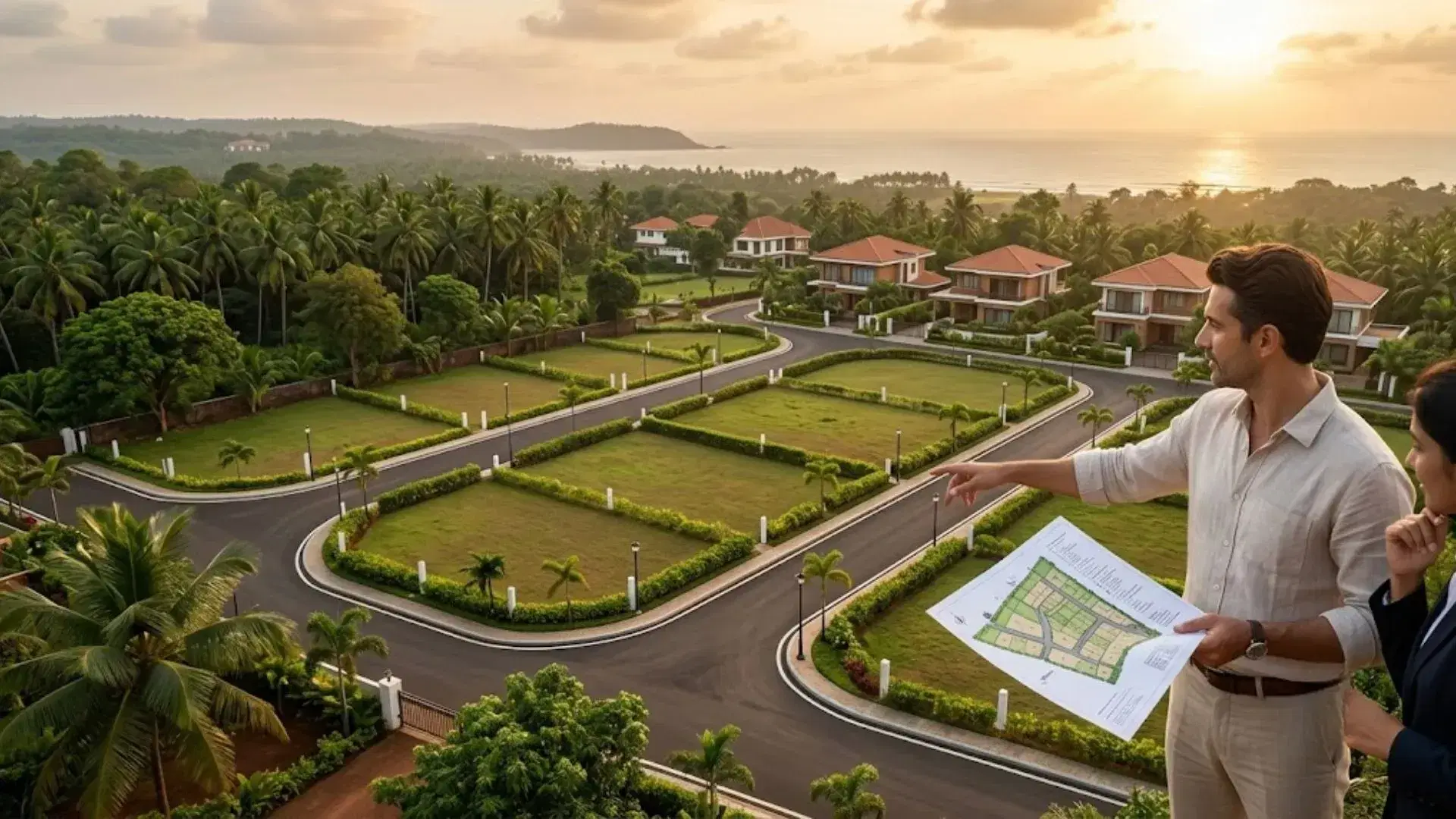 Buyers reviewing a plotted development layout in Goa with landscaped plots, internal roads and villas at sunset
