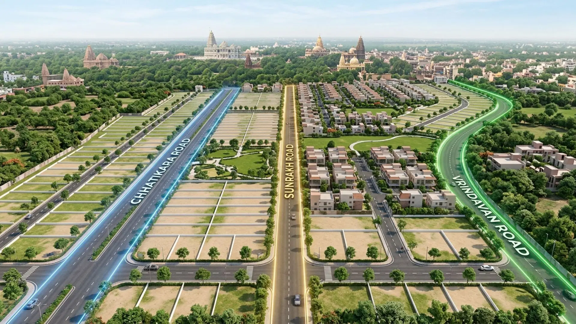 Aerial view comparing land plots along Chatikara Road, Sunrakh Road and Vrindavan Road