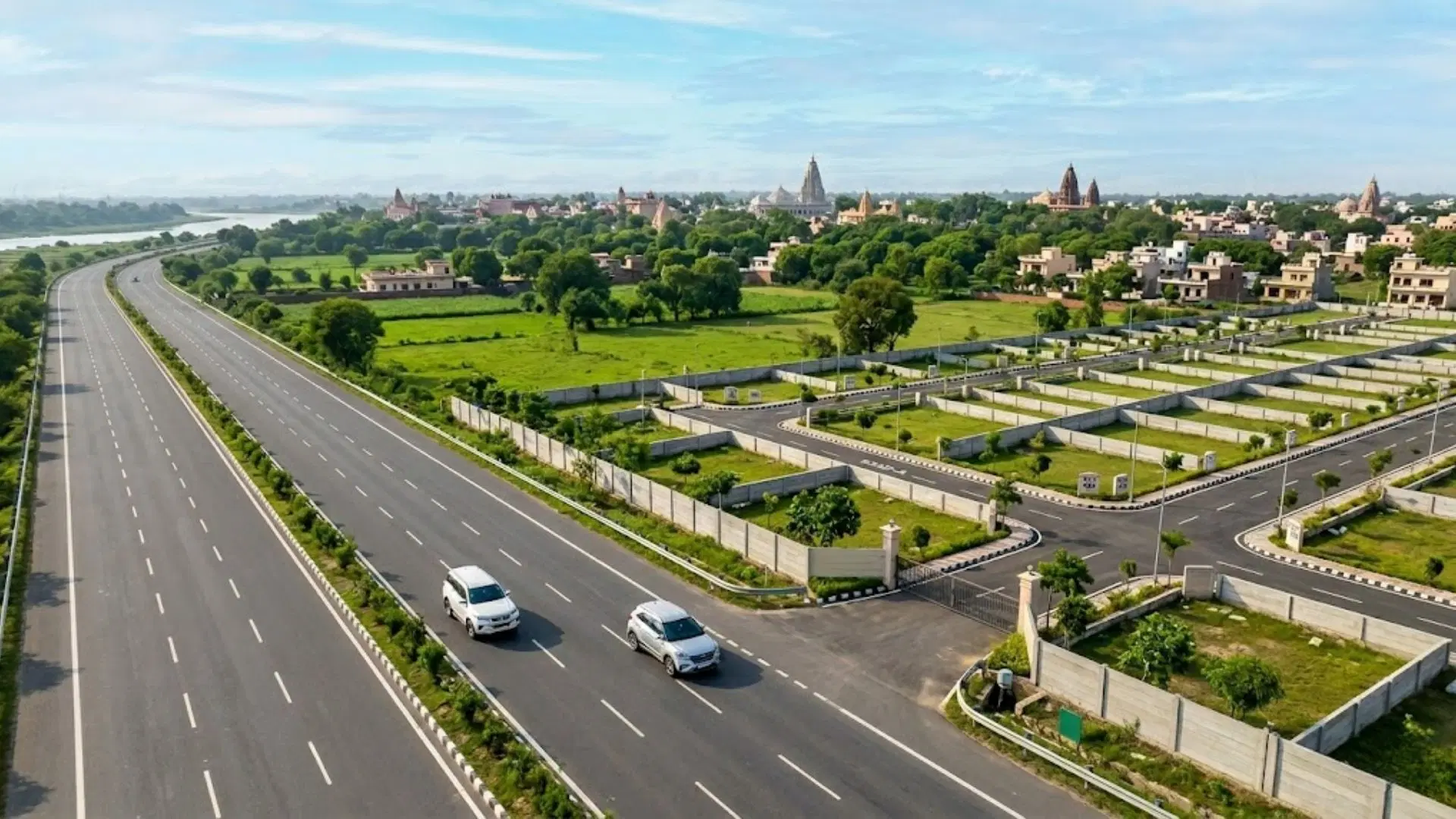 Plotted development and wide road connectivity near Vrindavan, showing why Delhi-NCR buyers are considering weekend home plots.