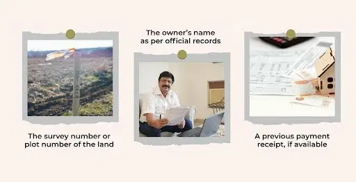 Documents required for land verification including survey number, owner's name and previous payment receipt