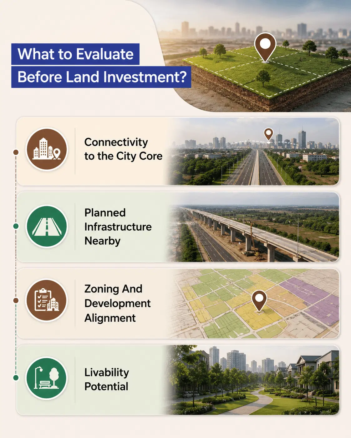 Key factors to evaluate before land investment including connectivity, infrastructure, zoning and livability