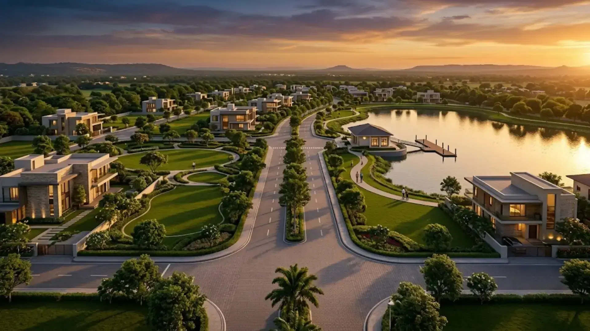 Aerial view of HOABL Nagpur Marina waterfront plotted development with landscaped roads, villas and lake