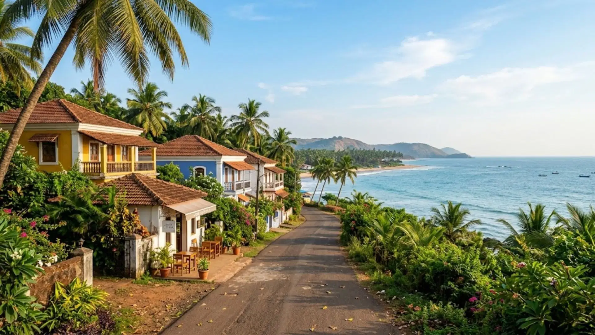 Coastal villas in Goa beside a palm-lined road with sea views, showing the lifestyle appeal of buying property in Goa.