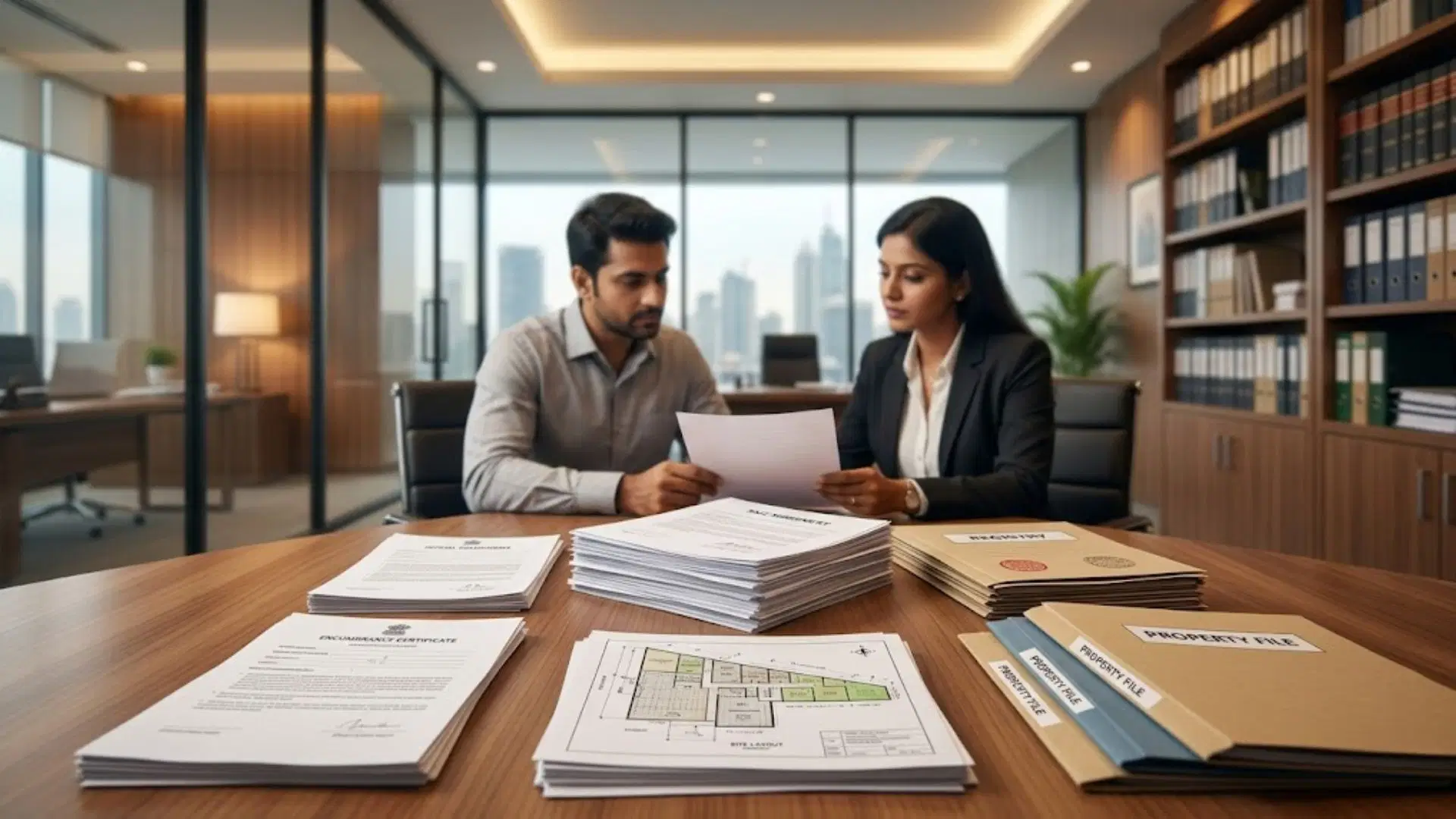 Buyer reviewing a land deed and property ownership documents with a legal advisor during plot verification and land purchase due diligence.