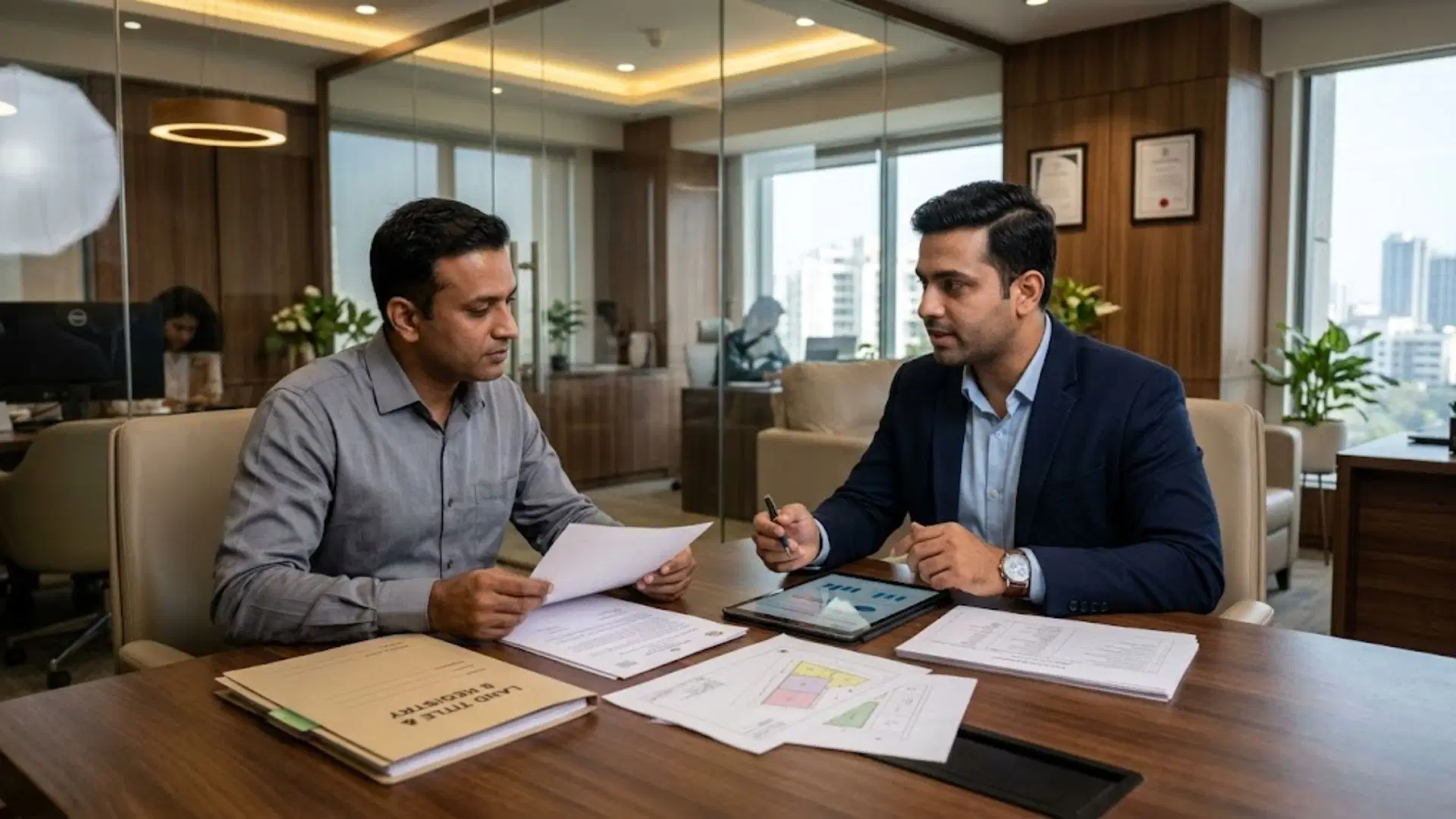 Property buyer reviewing a land documents checklist with a real estate advisor, including ownership records, title documents, and plot verification paperwork.