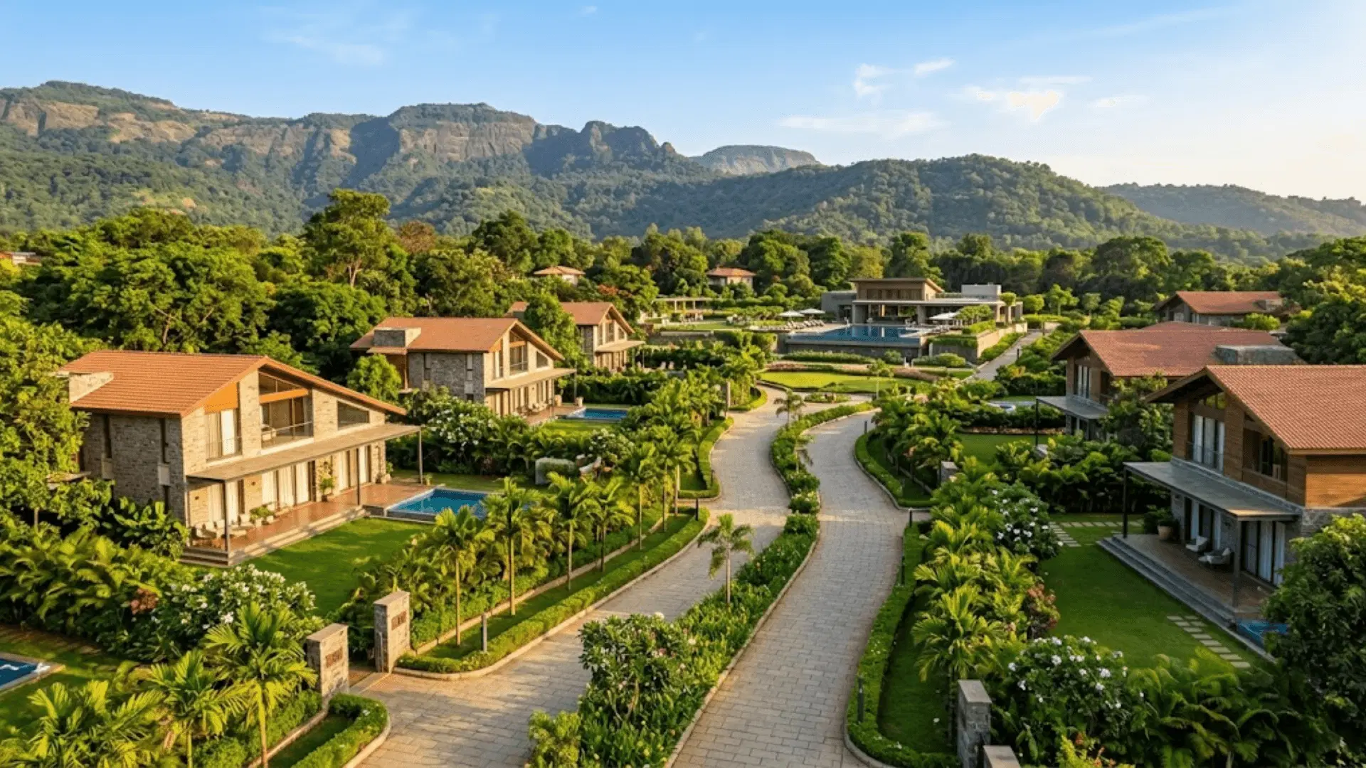 Luxury villas in a landscaped residential development surrounded by greenery and hills in Maharashtra.