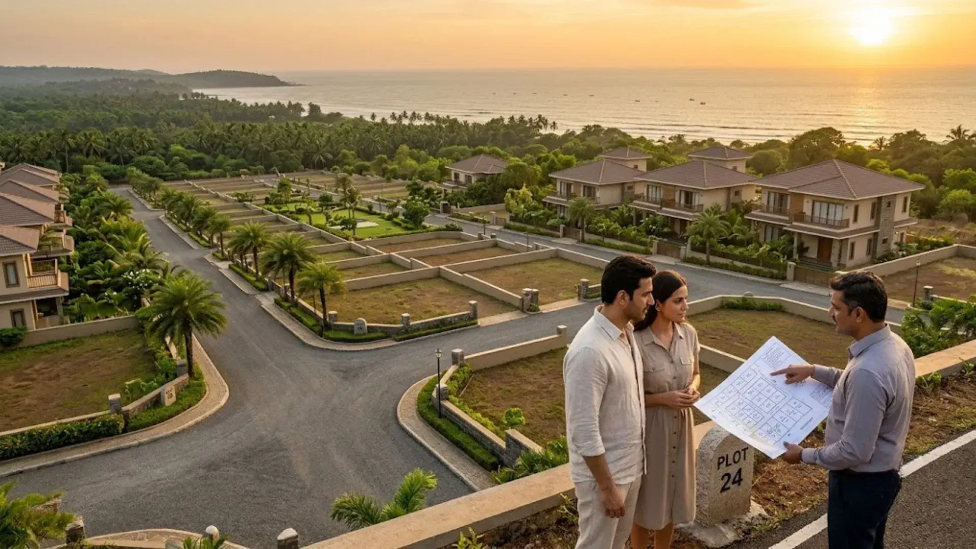 NA plots in Alibaug near the coast with buyers reviewing plot approval details