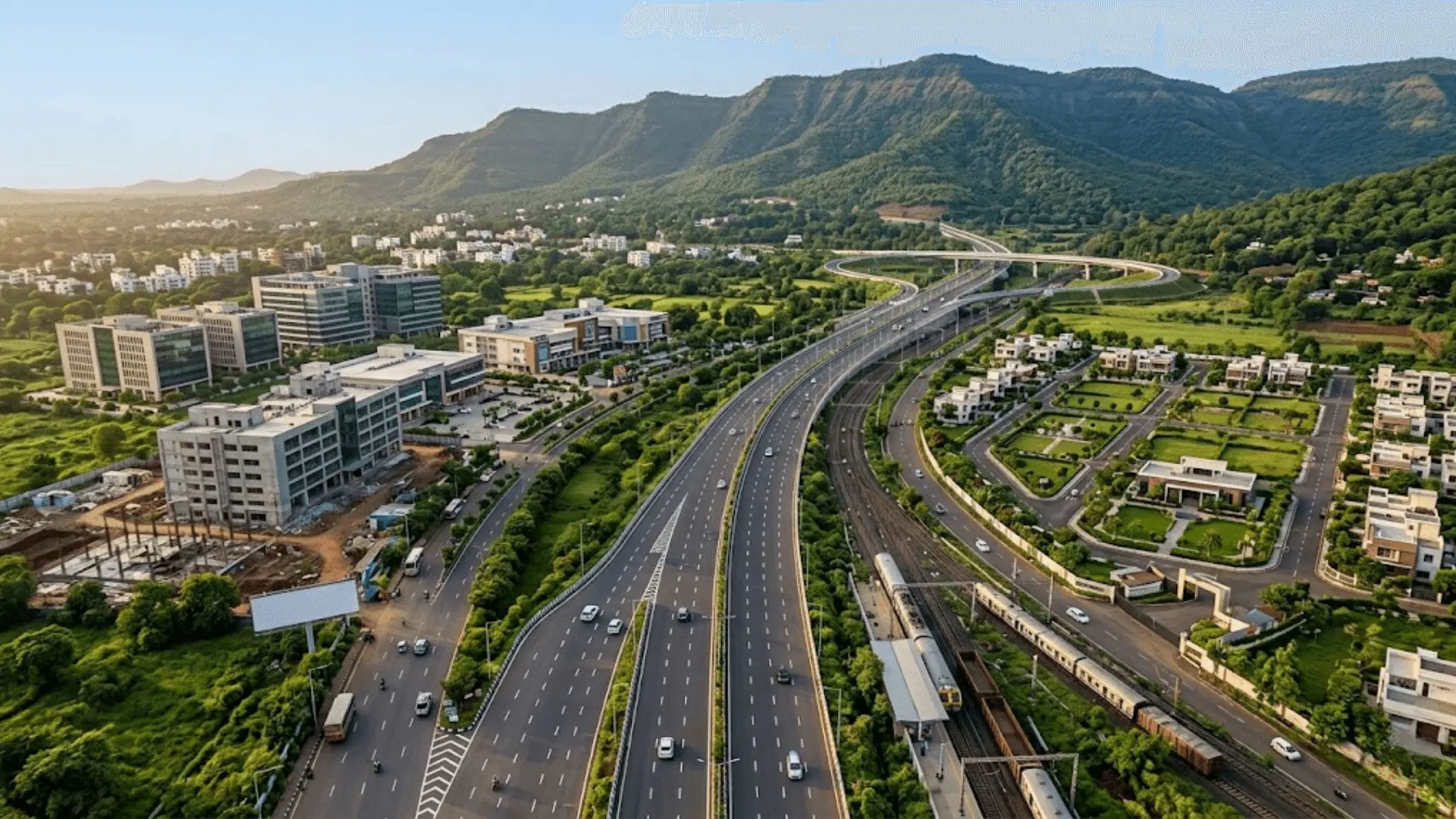 Aerial view of Neral city development showing highways, residential areas, commercial buildings, and surrounding hills