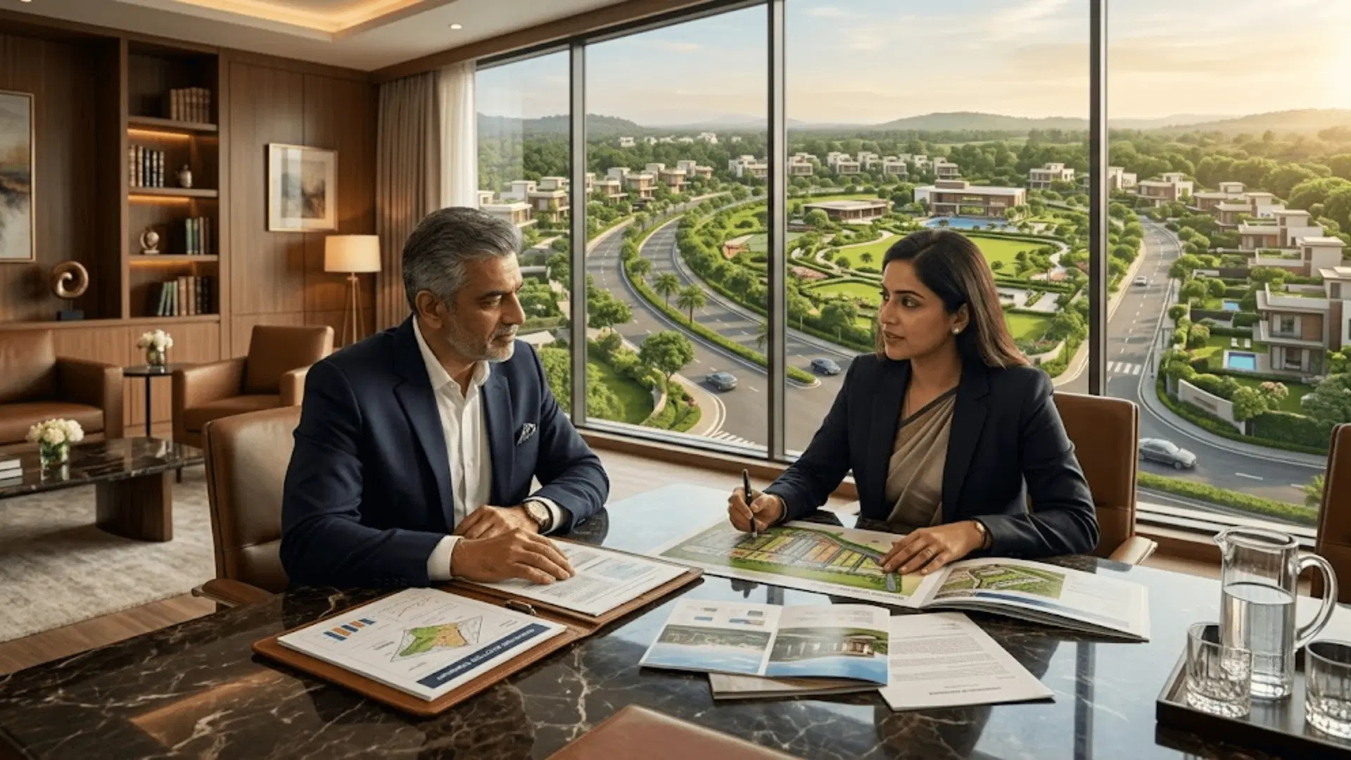 Real estate professionals discussing property investment plans overlooking a plotted residential development.