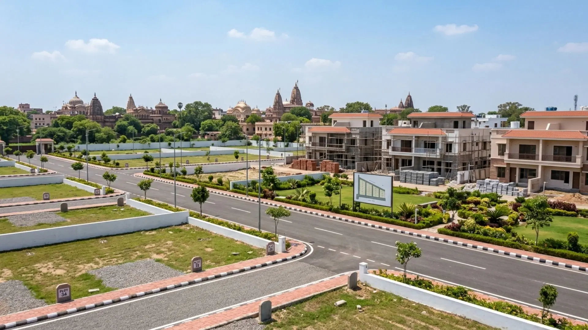 Residential plotted development with wide roads, landscaped areas and villas under construction.