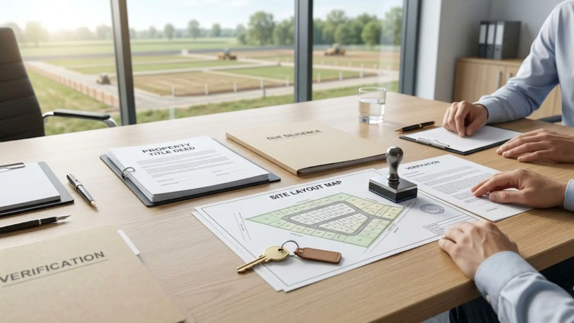 Legal professionals reviewing land ownership documents, site layout plans, and due diligence paperwork to ensure secure land transactions and verified property ownership.