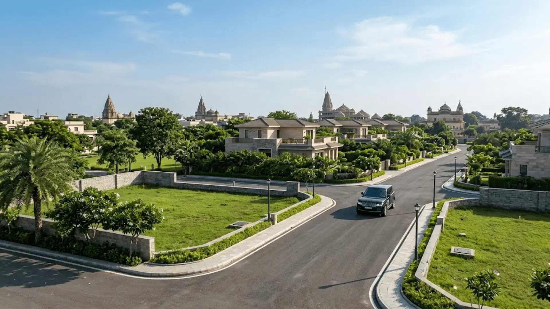 Residential land and developed roads in Vrindavan with homes and temples nearby